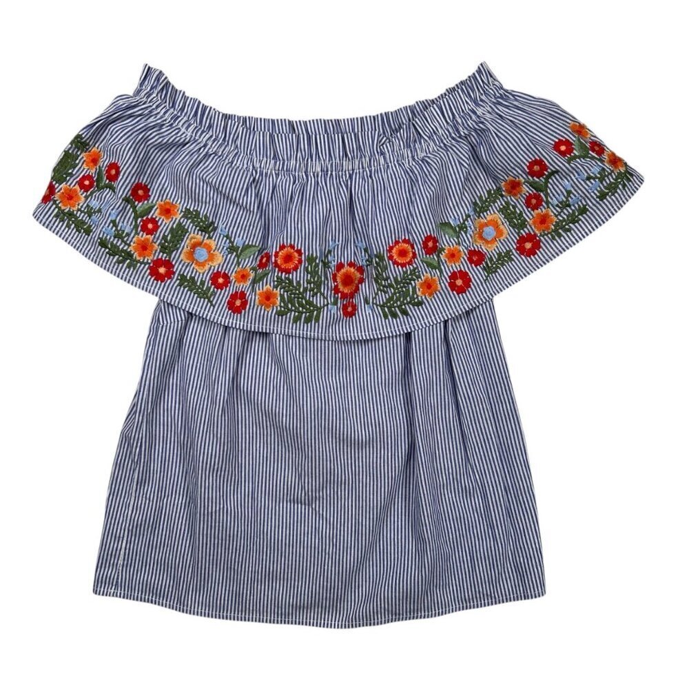 Miss Me Small Off Shoulder Striped Embroidered Top Blouse Boho Floral Casual